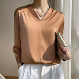 Silk Satin 2026 Summer Women's New Short Satin Shirt V Collar Simple Nine-Sleeve Temperament Match French Top