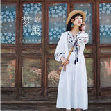 Ethnic Cotton Dress Women's Vacation Tourism Sunscreen Long Sleeves Long Skirt Art Embroidery Waist Dress