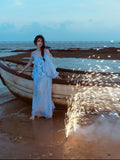 Yunnan Dali Seaside Resort Sling Dress Women's Blue Heavy Industry Three-Dimensional Flowers Lotus Leaf Side Beautiful Long Skirt