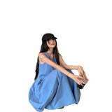 Blue Sleeveless Vest Dress Women's Summer French Lazy Holiday Style With Pocket Skirt Loose A-Word Dress
