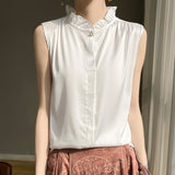 Silk Satin 2026 Spring And Summer Women's New Satin Wood Ear Collar Dark Buckle Sleeveless Shirt Solid Color Shirt