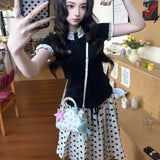 Summer French Vintage College Style Wearing Design Lace Sleeves Short-Sleeved T-Shirt + Wavet-Point Temperament Skirt Suit