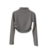 Early Autumn Hottie Wind Folded Shoulder Long-Sleeved T-Shirt Design Black Thin Half-High Collar Short Umbilical Top