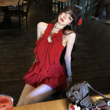 Three-Dimensional Flower Lotus Side Hanging Neck Vest Women's Unique Beauty Set Pure Red Skirt Two Sets