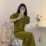 Large-Size Bubble Sleeves Niche Simple Solid Color Fat MM Thin Long Dress Loose Summer Sweet Round Collar Cover Dress