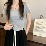 Positive Shoulder Short-Sleeved T-Shirt Women Simple Design Sense Of Summer Pure Wind Irregular Square Collar Showing Thin Sweet Short Blouse