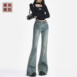 Vintage Design With Hair-Side Micro-Horn Jeans Women Autumn And Winter Low-Rise Hottie Splicing Elastic Trousers