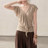 Fat MM Design Sense V-Neck Short-Sleeved T-Shirt Women's Summer New Asymmetric Lotus Leaf Edge Slim Slimming Temperament Blouse