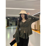 Pure Black Sunscreen Cardigan Women's Spring Thin Design V Collar Horn Long-Sleeved Knitted Shirt Chic Top