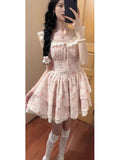 Summer French Small Flying Sleeve Lace To Receive Waist Repair Slimy Fairy Dress Sen Threum Broken Floral Dress Short Sleeves