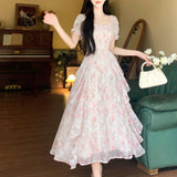 Large-Size French Gentle Fairy Floral Collar Dress Women Summer Fat Mm Waist Thin Temperament Elegant Dress