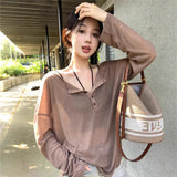 Lazy Wind Pure Long-Sleeved T-Shirt Women's Summer Thin Casual Hooded Sunscreen Loose Thin Bottom Top
