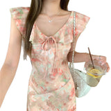 2026 Summer New Lotus Leaf Side Small Flying Sleeve Pink Broken Flower Dress Female French Seaside Holiday Dress