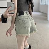 Vintage Water Wash Edge Hole Denim Shorts Women Summer New Hot Girls High-Waisted Wide-Legged Hot Pants