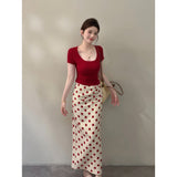 2026 Summer New Retro Port Storm Red Short-Sleeved Top With Casual Slimming Skirt Two-Piece Set