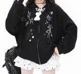 Asian Culture Wears A Skeleton Cat Ear Hooded Coat Female Autumn And Winter Plus Velvet Leisure Lazy Gray Sweater