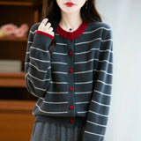 100% Pure Wool 2026 Autumn And Winter New Women's Loose Round-Collar Striped Buckle Knitted Open Shirt Coat