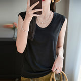Lyselle Tiansi 2026 Spring And Summer Women's New Short-Sleeved U-Neck Solid Colorless Vest Knitted Short-Sleeved T-Shirt