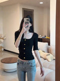Spice Girl Collar Gold Button Clasp Five-Sleeved T-Shirt Girl Summer New Temperament Slimming Design Top