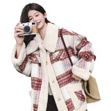 Korean Vintage Lattice Lamb Wool Coat Girl Small 2025 Winter New Thicken And Reduce The Age Of English Cotton Clothes