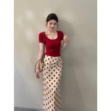 2026 Summer New Retro Port Storm Red Short-Sleeved Top With Casual Slimming Skirt Two-Piece Set