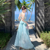 Mint Green Holiday Atmosphere With A Sense Of Neck Fairy Beauty Back Bow Fairy Dress Suitable For Seaside Photo Skirt