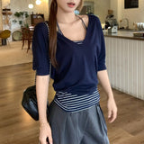 V-Neck Thin Loose Short-Sleeved Bat Sleeve T-Shirt For Women's Summer Striped Hanging Neck Sling Vest Two-Piece Top