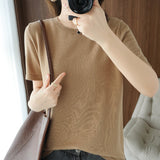 2026 Spring New Pure Cotton Sweat-Sucking T-Shirt Women's Round Collar Collar Head Short-Sleeved Knitwear