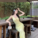 Salt-Wearing Knitted Sling Dress Women's Summer French Sexy Temperament To Close The Waist Hollow Seaside Holiday Dress