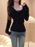 Black Hanging Neck Fake Two Folding Long-Sleeved T-Shirt Girl Spring New Hot Girl Pure Style Repair Bottom Shirt Top