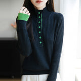 Wool Blending 2026 Autumn And Winter New Lady Loose Semi-High-Collar French Style Hit-And-Fleet Two-Piece Bottom Knitting Shirt