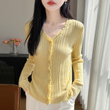 Skin-Skin Velvet 2026 Autumn And Winter New Women's Loose Wood Ear V Collar Collar Bottom Knitted Cardigan Sweater Jacket