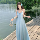 Greek Goddess Fan Seaside Holiday Dress High-Grade Pure Diamond Ribbon With Blue Sling Skirt Dress Dress