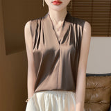 Silk Satin 2026 Spring And Summer Women's New Body Repair V Collar Wide Shoulder Short Sleeveless Sling Sling Sling Vest