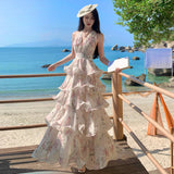 French Holiday Dress Women Pure Desire Sexy Back Hanging Neck Chiffon Print Cake Long Dress Temperament Birthday Dress