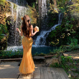 Tyrand Island Holiday Dopamine Long Skirt Yellow Strapped Tector-Meared Shirt Print Hip Skirt Two-Piece