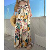 Dopamine Graffiti-Print Wide-Legged Trousers Women's Summer Seaside Wearing High-Waisted Beach Skirts With Open-Forked Colored Trousers