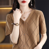 Pure Cotton Sweat 2026 Spring And Summer New Women's Hollow Open Shirt V Collar Display Short Temperament Top T-Shirt Knitted Shirt
