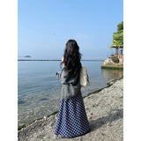 Blue Lattice Hanging Neck Dress Women's Summer 2025 New Back Long Retro Seaside Vacation Sling Skirt