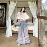 Yunnan Dali Thailand Tourism French Pure Lust Lace Splicing Top Women Summer Vintage Printed Holiday Dress Set