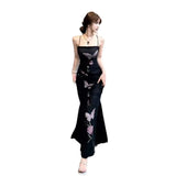 French Pure-Want Butterfly Print Sling Dress Woman Slimming Temperament Sweet Hottie Long Dress Summer