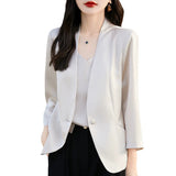 Silk Satin Small Suit Women's Summer Thin Solid Seven-Sleeve Tops Fashion Casual Outside With A Suit Of Clothes