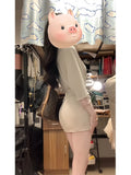 Micro Fat Mm Pure Hot Babes Style V Collar Short-Sleeved Dress Women's Summer New Waist Folds Elastic Package Hip Skirt