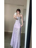 French Gentle Temperament Blue Broken Flower Sling Dress Seaside Holiday Beautiful Unique Waist A Word Long Skirt