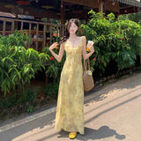 2025 Summer New Bag Of Hip Fish Tail Long Dress Yellow Broken Flowers V-Neck French Printing Temperament Slim Slimming Dress