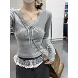 2026 Spring And Autumn Korean Version V-Neck Pure Desired Lace Stitched Cross-Lace Long-Sleeved Bottom T-Shirt Short Top Woman