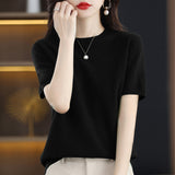 Wool Blending 2026 Autumn And Winter New Women's Round Collar Collar Drawing Solid Color Hollow Top Five-Sleeve Knitted Shirt