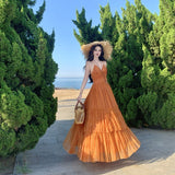 Suitable For Seaside Travel To Take Pictures Of Orange V-Necked Dress Women Feel The Beautiful Holiday Dress Of The Island