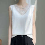 Silk Satin 2026 Spring And Summer Women's New V-Neck Sleeveless Small Vest T-Shirt Mesh Spliced Blouse Loose Sling