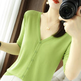 Ice Silk Breathable 2026 Spring And Summer New Women V Neck Thin Top Five-Sleeve Sleeve Sleeves Pure Color Temperament Knitted Shirt